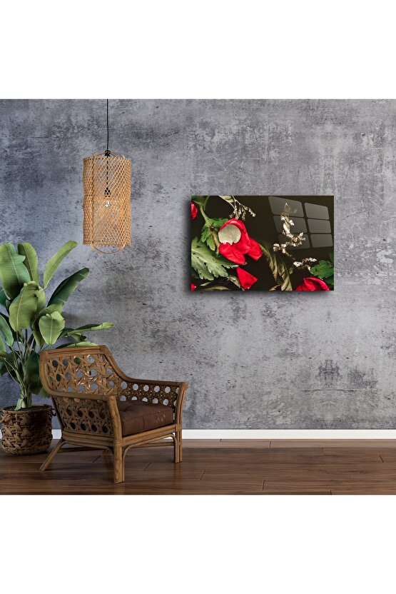 Kırmızı Gelincik Çiçekli Cam Tablo