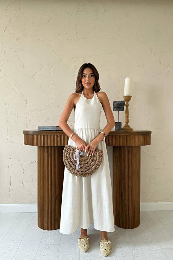 Bej Arkası Gipeli Keten Elbise