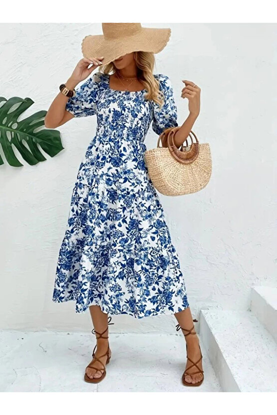 MDB Kadın Kısa Kollu Kare Yakalı Lastikli Desenli Süprem Elbise