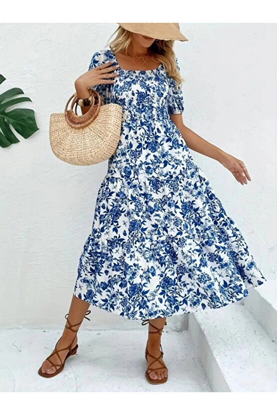 MDB Kadın Kısa Kollu Kare Yakalı Lastikli Desenli Süprem Elbise