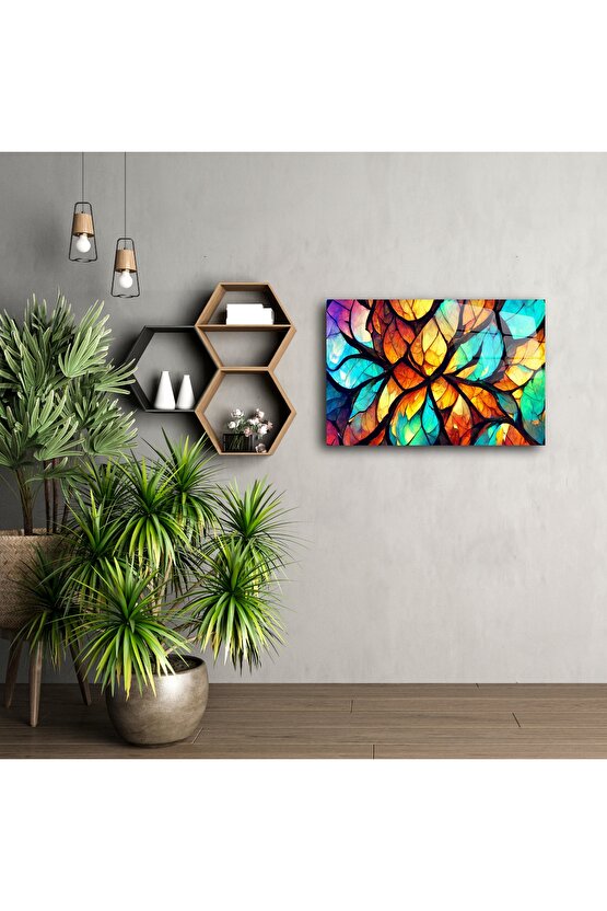 Renkli Yaprak Desenli Modern Cam Tablo