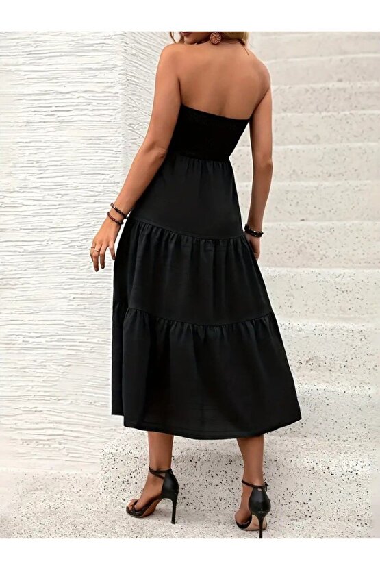 Kadın Straplez Göğüsten Lastikli Kloş Aerobin Uzun Elbise