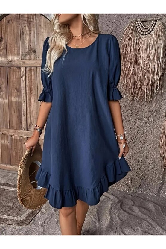 Kadın Kısa Kollu Kol Ve Eteği Volanlı Bisiklet Yaka Aerobin Elbise