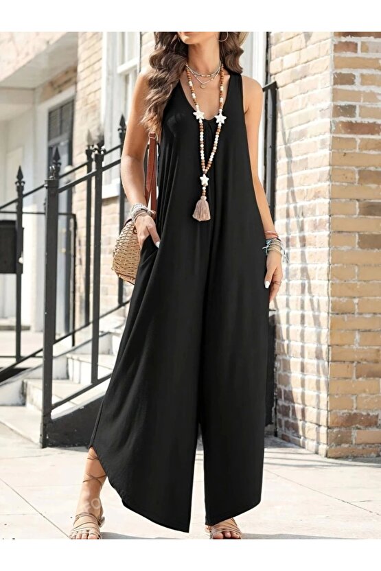 Kadın Askılı Yuvarlak Yaka Cepli Salaş Uzun Viskon Tulum