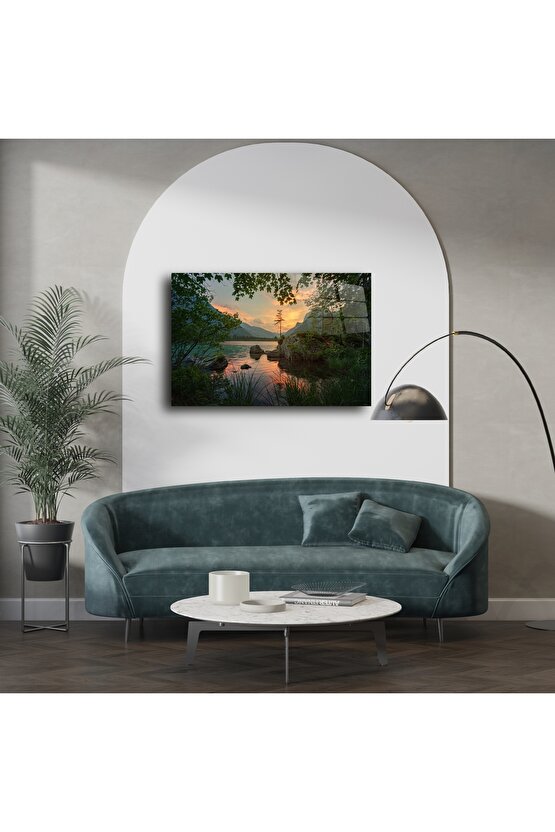 Cam Duvar Sanatı Gün Batımı Göl Manzarası