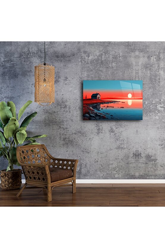 Gün Batımı Göl Evi Minimalist Duvar Sanatı