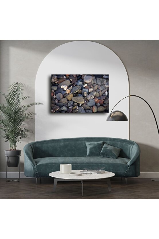 Doğal Koyu Renkli Çakıl Taşı Desenli Temperli Cam Tablo