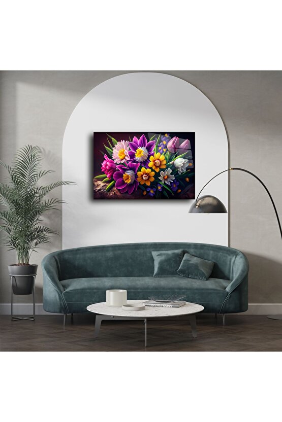 Çok Renkli Bahar Çiçekleri Cam Tablo