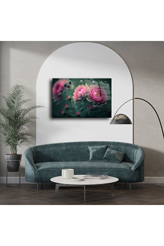 Lüks Cam Tablo Pembe Şakayık Çiçek Desenli Modern Duvar Dekoru