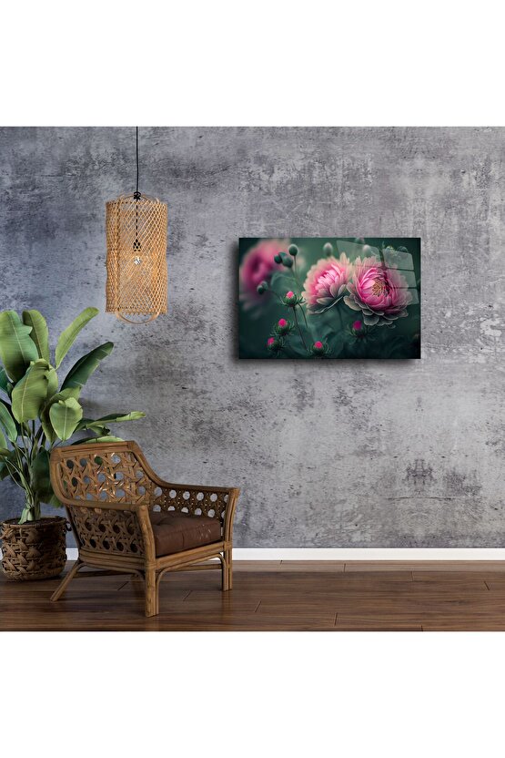 Lüks Cam Tablo Pembe Şakayık Çiçek Desenli Modern Duvar Dekoru