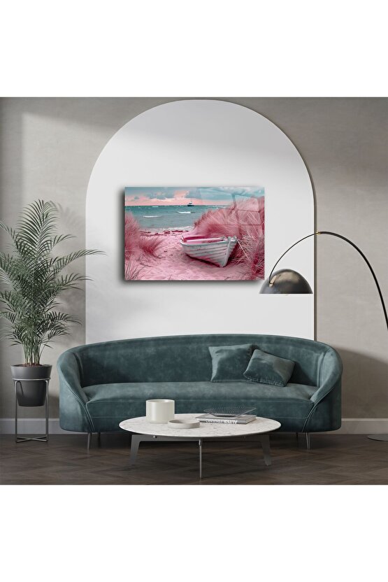 Pastel Sahil ve Tekne Cam Tablo