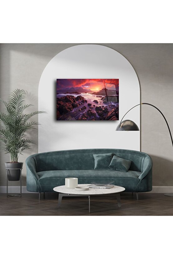 Kızıl Gün Batımı Manzaralı Cam Tablo