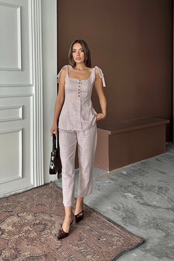 ŞANTUK KETEN YELEK GÖRÜNÜMLÜ ASKILI BLUZ - PANTOLON TK - Lila