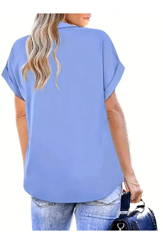Kadın Kısa Kollu Yakalı Uzun Sandy Bluz