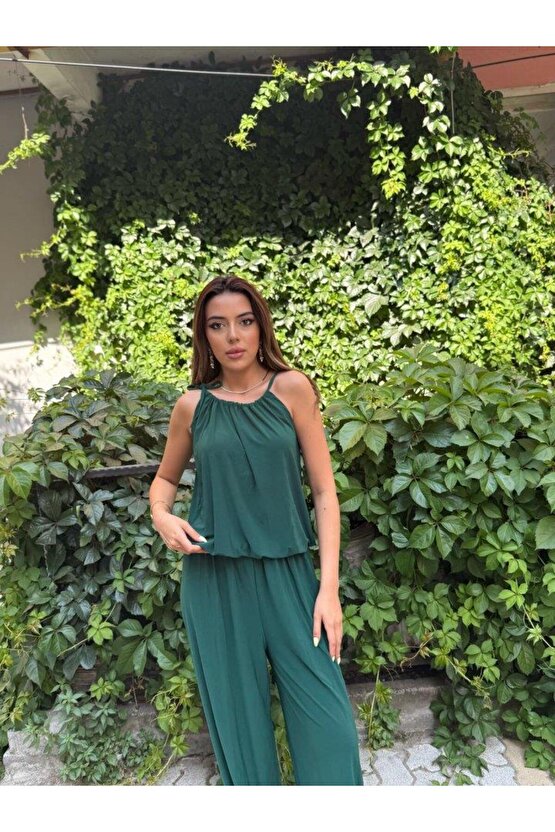 Kadın Omuz Askılı Döküm Detay Salaş Sandy Kumaş Tulum