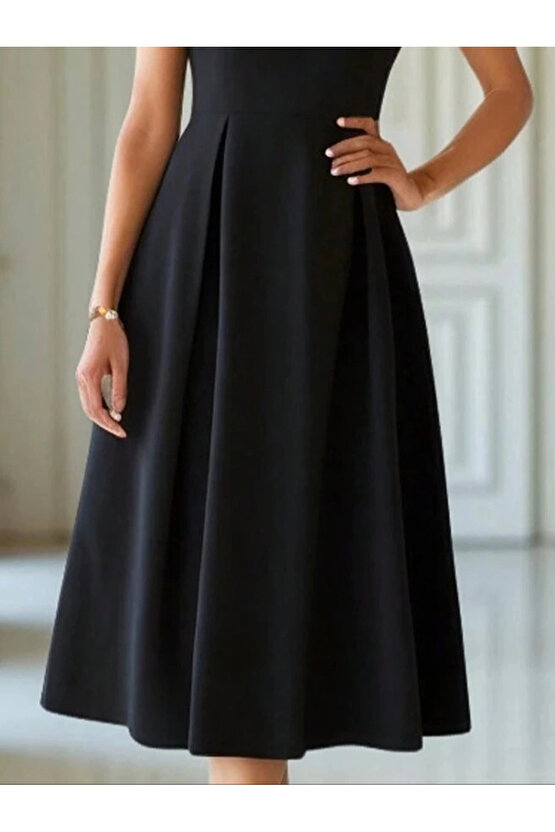 MDB Kadın Kısa Kollu Yarı Balıkçı Yaka Pileli Janjan Krep Midi Elbise