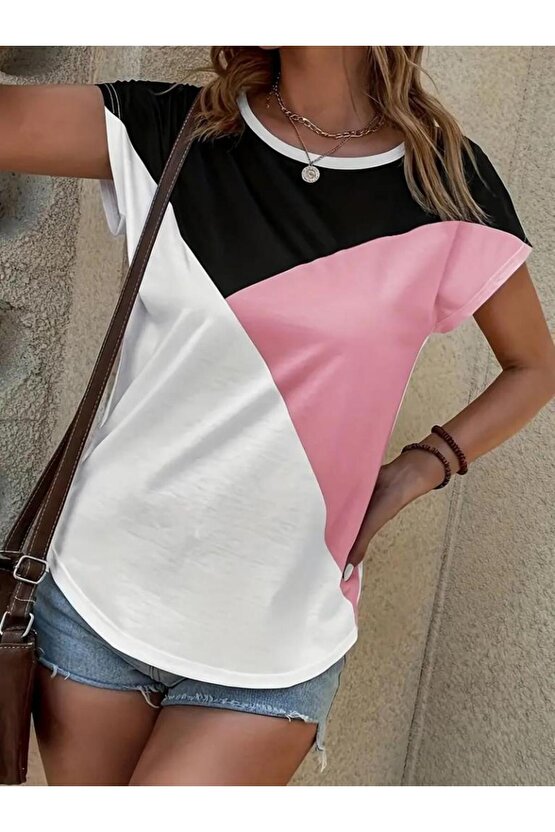 Kadın Bisiklet Yaka üç Renk Viskon T-shirt