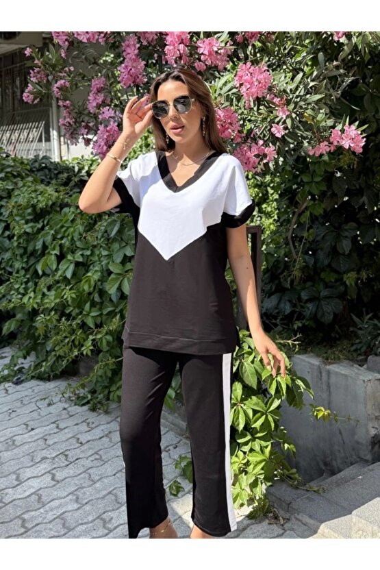 Kadın Kısa Kollu V Yaka Siyah Beyaz Renkli Viskon Iki Iplik Kumaş Eşofman Takımı