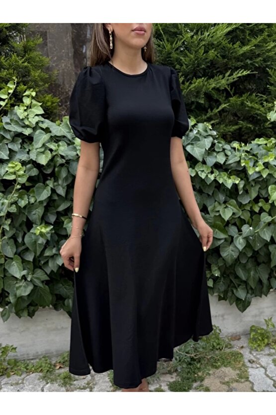 Kadın Kısa Balon Kollu Bisiklet Yaka Geniş Kesim Janjan Krep Elbise