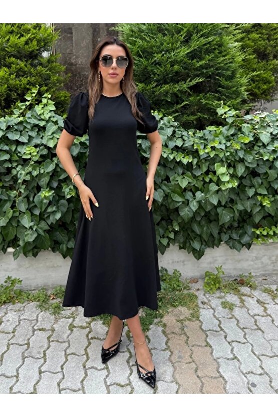 Kadın Kısa Balon Kollu Bisiklet Yaka Geniş Kesim Janjan Krep Elbise