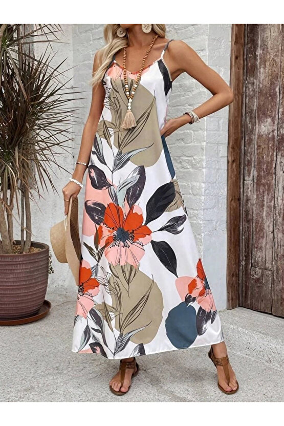 MDB Kadın Ip Askılı Geniş V Yakalı Desenli Süprem Elbise