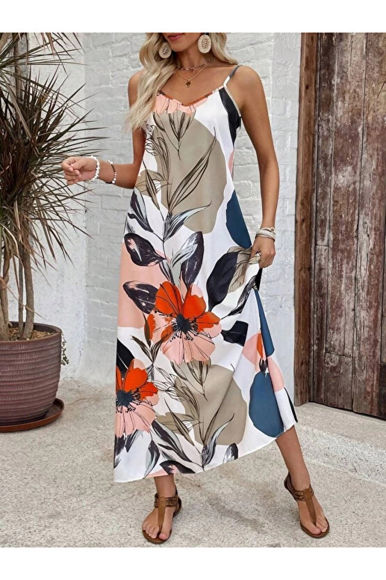 MDB Kadın Ip Askılı Geniş V Yakalı Desenli Süprem Elbise