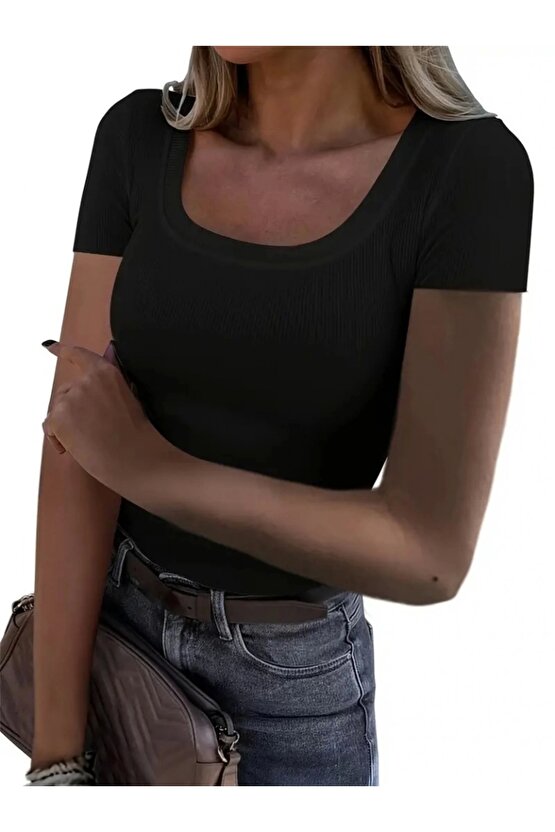 Kadın Kısa Kollu Kare Yaka Basic Kaşkorse Bluz