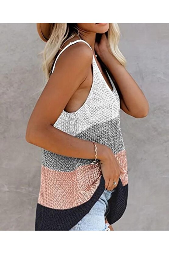 Kadın Askılı Yuvarlak Yaka Salaş Triko Bluz