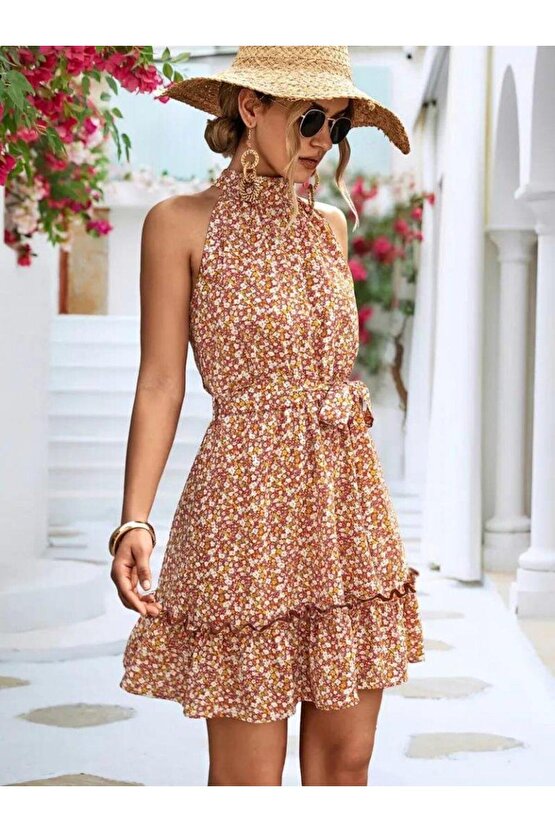 Kadın Eteği Volanlı Halter Yaka Süprem Elbise