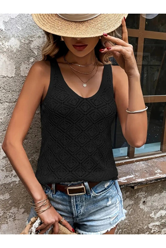 Kadın Baklava Desen Detaylı Kalın Askılı Triko Bluz