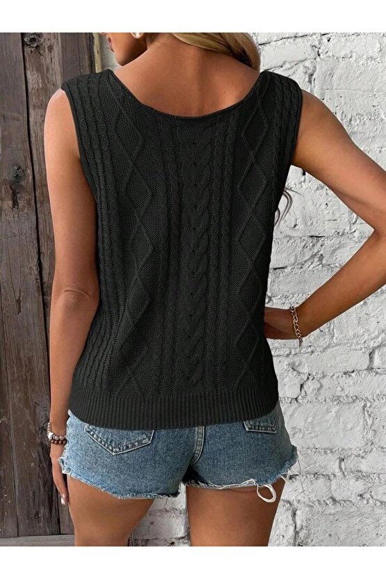 Kadın Askılı V Yaka örme Detay Triko Bluz