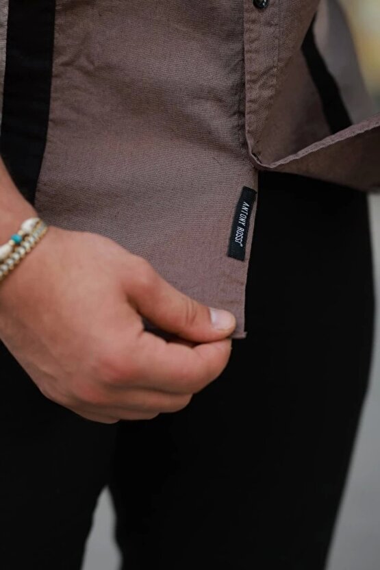 Erkek şerit Detaylı Uzun Kollu Pamuklu Keten Gömlek