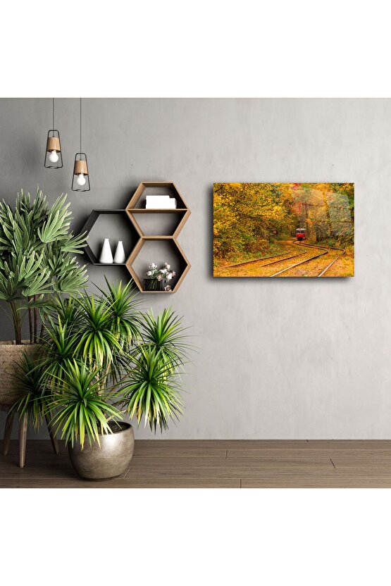 Sonbahar Ormanında Kırmızı Tramvay Cam Tablo