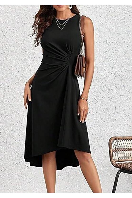 Kadın Sıfır Kollu Bisiklet Yaka Büzgülü Asimetrik Kesim Detaylı Janjan Krep Elbise