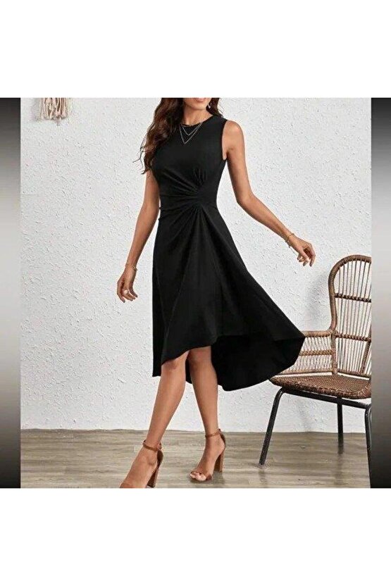 Kadın Sıfır Kollu Bisiklet Yaka Büzgülü Asimetrik Kesim Detaylı Janjan Krep Elbise