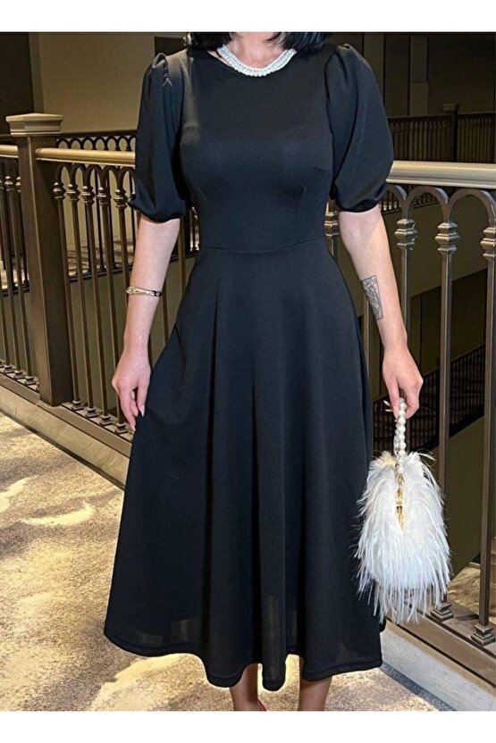 Kadın Bisiklet Yaka Kısa Kol Lastik Detay Uzun Elbise