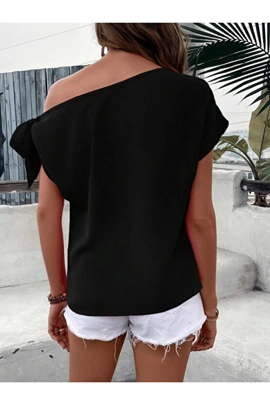 MDB Kadın Tek Omuzu Açık Koldan Bağlamalı Janjan Krep Bluz