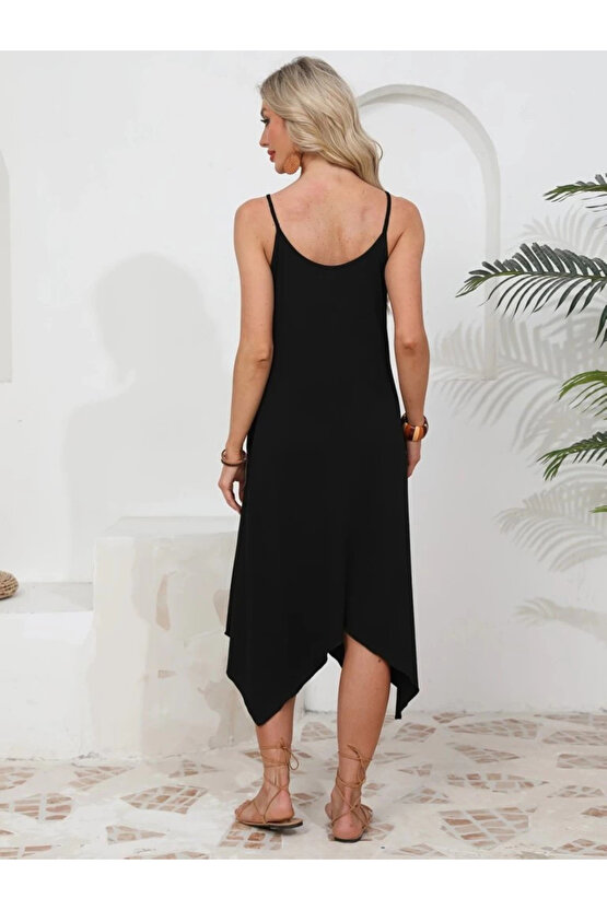 MDB Kadın Ip Askılı Yuvarlak Yakalı Asimetrik Kesim Viskon Elbise