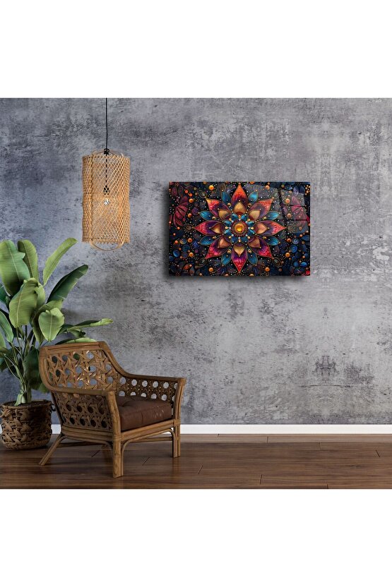 Mandala Desenli Renkli Cam Duvar Tablosu