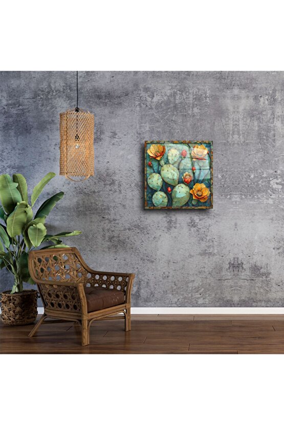 Kaktüs Desenli Cam Duvar Tablosu