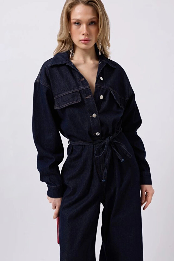 Düğme Detaylı Denim Tulum