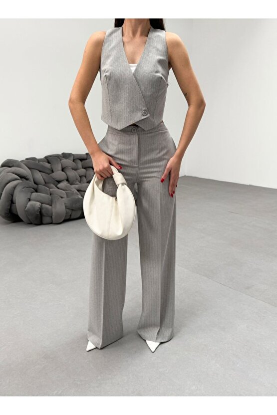 Toskana Çizgili Kruvaze Yaka Tek Düğmeli Yelek Pantolon Takim - M - A.Gri