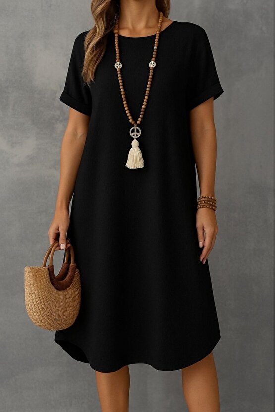 Edolika Kadın Kısa Kollu Kayık Yaka Bürümcük Elbise