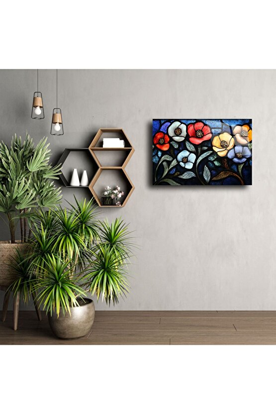 Cam Tablo Vitray Stil Çiçek Deseni