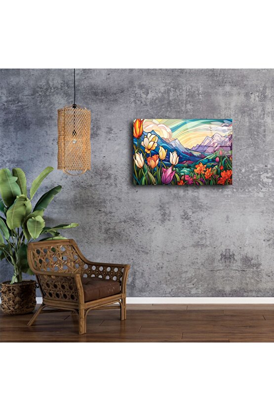 Dağ Manzaralı Lale Cam Tablo