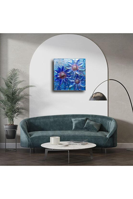 Mavi Çiçekli Vitray Cam Tablo