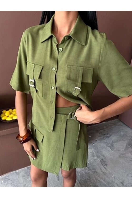 Gömlek Şort Etek Viscon Keten Takım 10162