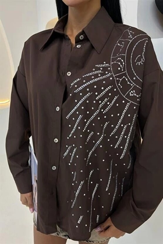 Ay Figürlü Taş İşlemeli Poplin Gömlek 3440