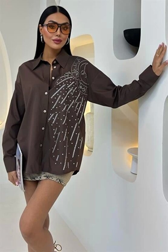 Ay Figürlü Taş İşlemeli Poplin Gömlek 3440