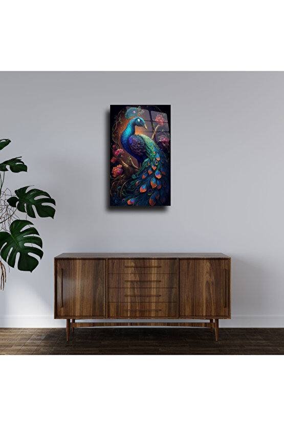 Mavi Tavus Kuşu Cam Tablo Duvar Dekoru